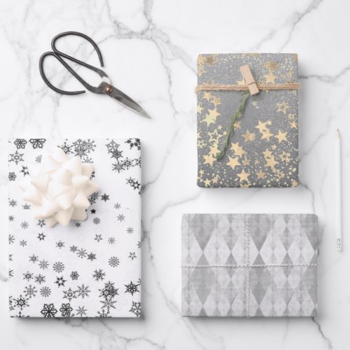 Silver and Gold Harlequin Snowflakes Stars  Wrapping Paper Sheets