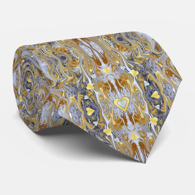 Silver and Gold Heart Abstract Designer Tie (Rolled)