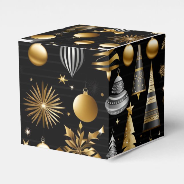 Silver And Gold Holiday Ornaments Cube Favor Boxes (Front Side)