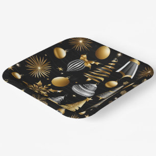 Silver And Gold Holiday Ornaments Pattern Paper Plates