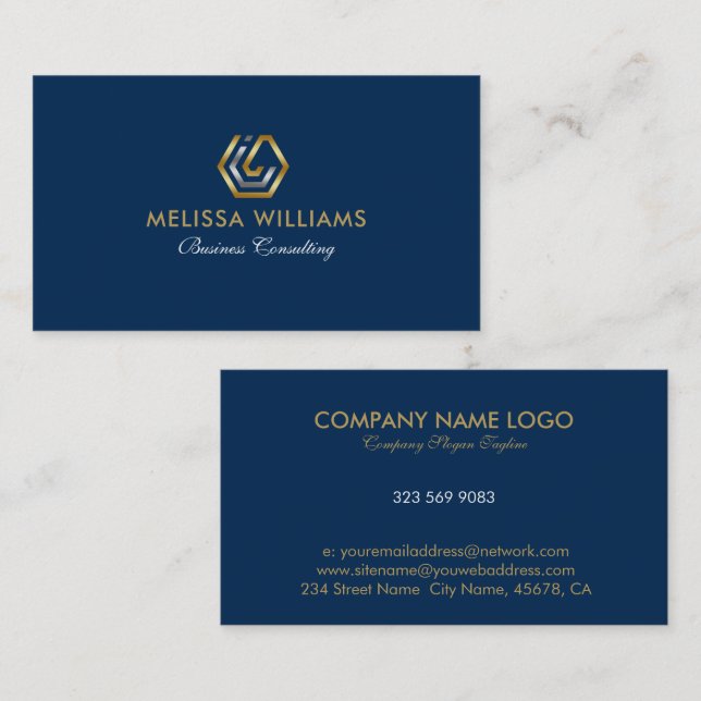 Silver and gold logo blue background business card (Front/Back)