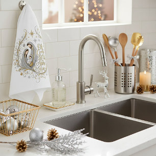 Silver and gold nativity Christmas Kitchen Towel