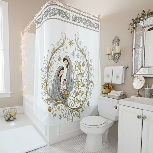 Silver and gold nativity Christmas Shower Curtain