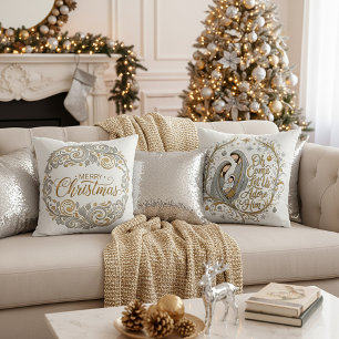 Silver and gold nativity Christmas Throw Pillow
