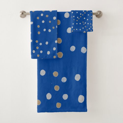 Silver and Gold Polka Dots on Blue  Bath Towel Set