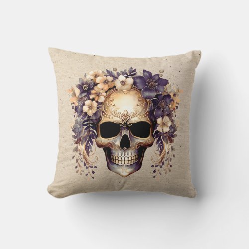 Silver and Gold Skull Floral Burlap Halloween Throw Pillow