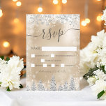 Silver and gold snow pine Christmas winter rsvp<br><div class="desc">Time to celebrate your winter wonderland wedding theme with this luxury silver glitter snowflakes sparkles and gold glitter pine tree forest on an elegant festive gold metallic background,  featuring a modern cool script font typography. Perfect rsvp card for your winter wonderland wedding.</div>