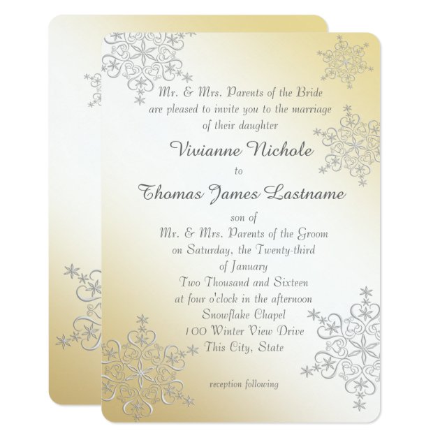 Silver And Gold Snowflakes Wedding Invitation