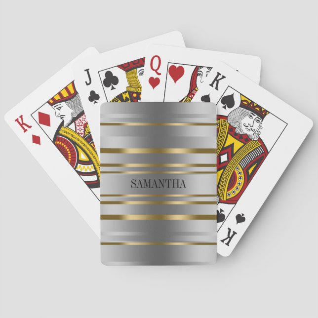 Silver and Gold Stripes Pattern Tote Bag Poker Cards (Back)