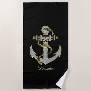 Silver and gold tone nautical boat anchor fleece b beach towel