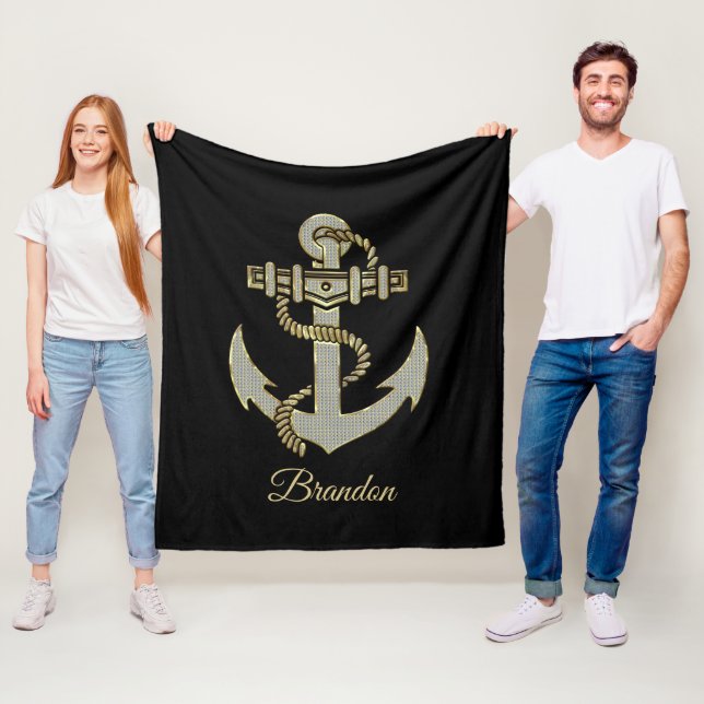 Silver and gold tone nautical boat anchor fleece blanket (In Situ)