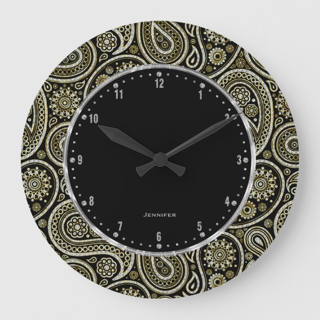 Silver and gold vintage paisley pattern large clock (Front)