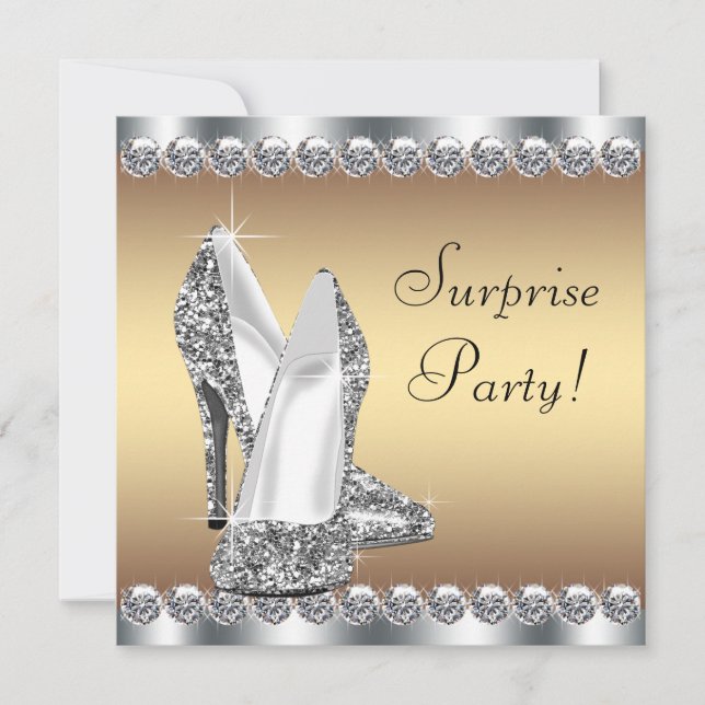 Silver and Gold Womans Surprise Birthday Party Invitation (Front)