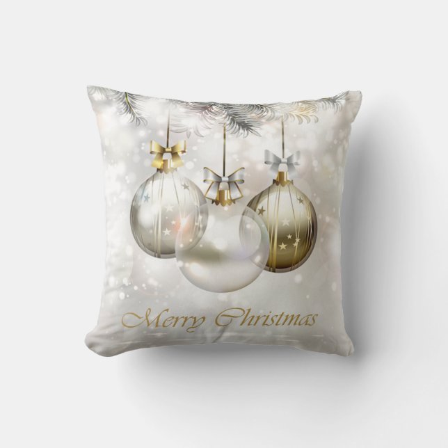 Silver and Golden Christmas Balls & Bows Throw Pillow (Front)