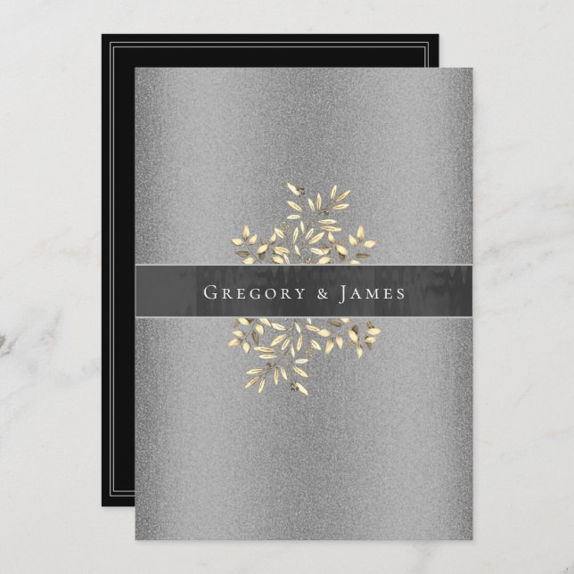 Silver and Gray Botanical Satin Ribbon Gay Wedding Invitation (Front/Back)