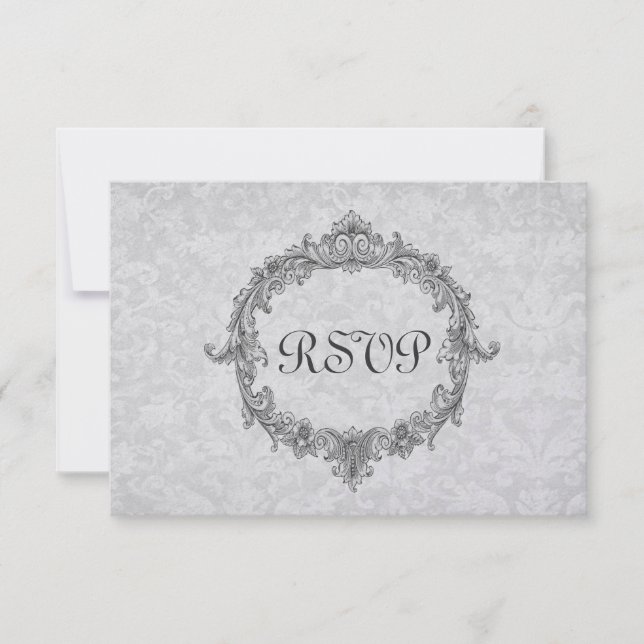 Silver and Gray Damask RSVP Wedding Response Card (Front)