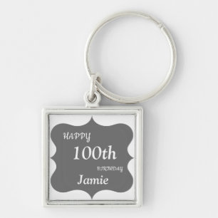Silver and Gray Happy 100th Birthday personalised Keychain