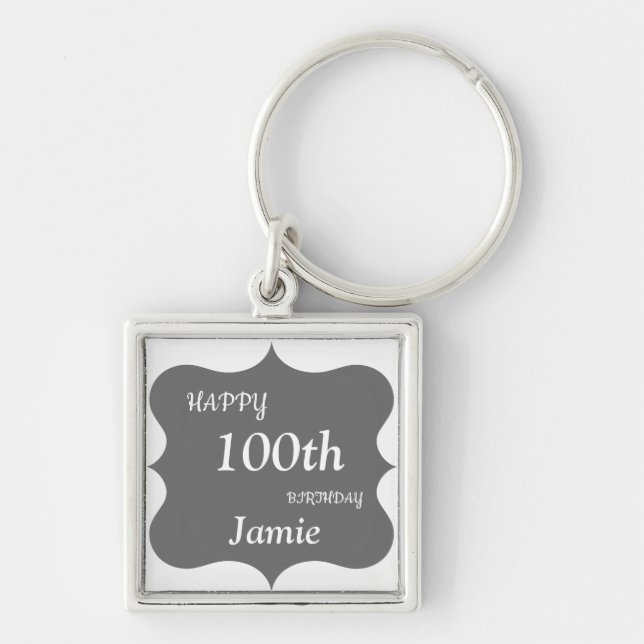 Silver and Gray Happy 100th Birthday personalised Keychain (Front)