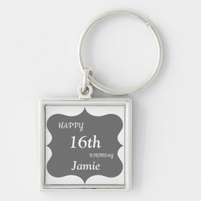 Silver and Gray Happy 16th Birthday personalized Keychain (Front)