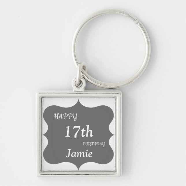 Silver and Gray Happy 17th Birthday personalized Keychain (Front)