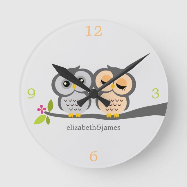 Silver and Gray Owl Couple Round Clock (Front)