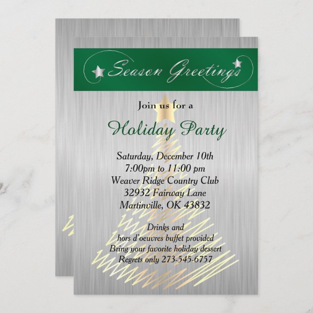 Silver and Green Christmas Holiday Tree Invitation (Front/Back)