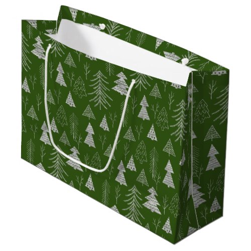 Silver and Green Christmas Tree Forest Pattern Large Gift Bag