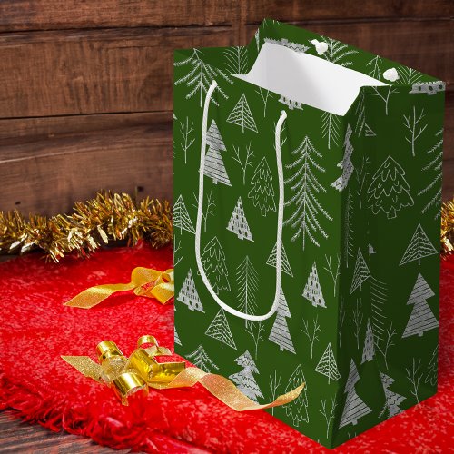 Silver and Green Christmas Tree Forest Pattern Medium Gift Bag
