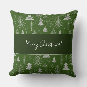 Silver and Green Christmas Tree Forest Pattern Throw Pillow