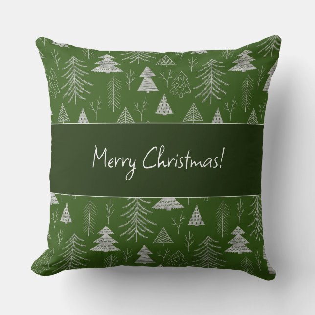 Silver and Green Christmas Tree Forest Pattern Throw Pillow (Front)