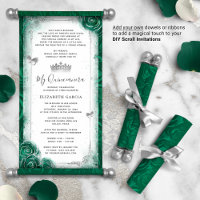 Silver and Green Quince DIY Scroll Invitations