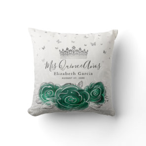 Silver and Green Rose Quinceanera Mis Quince Anos Throw Pillow