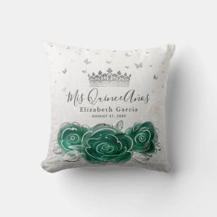 Silver and Green Rose Quinceanera Mis Quince Anos Throw Pillow
