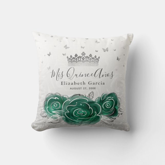 Silver and Green Rose Quinceanera Mis Quince Anos Throw Pillow (Front)