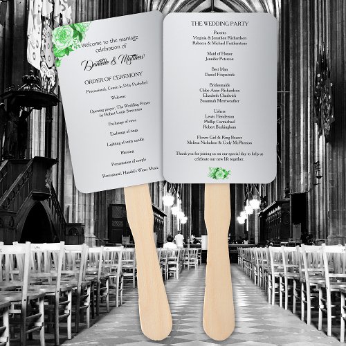 Silver and Green Roses Wedding Program Hand Fan