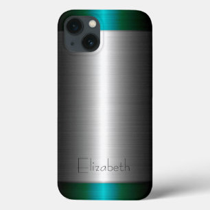 Silver and Green Stainless Steel Metal iPhone 13 Case