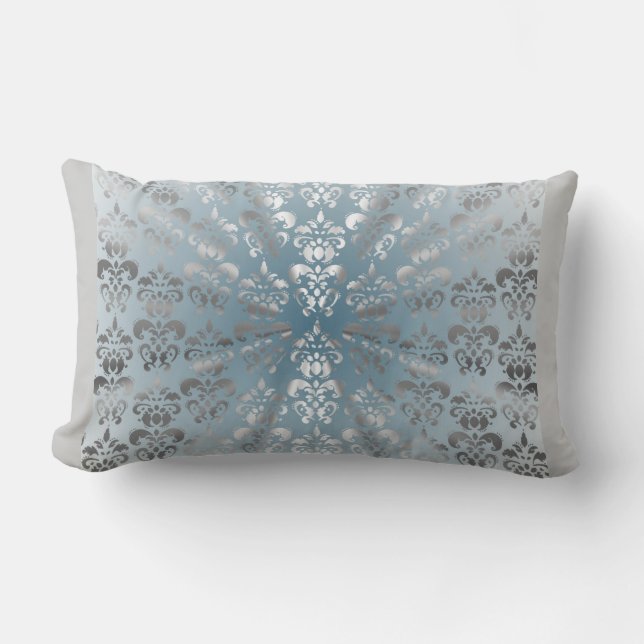 Silver and grey/blue damask lumbar pillow (Front)