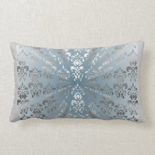 Silver and grey/blue damask lumbar pillow
