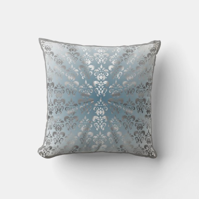Silver and grey/blue damask throw pillow (Front)