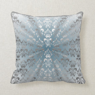 Silver and grey/blue damask throw pillow