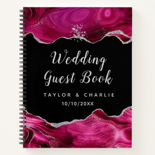 Silver and Hot Pink Agate Wedding Guest Book