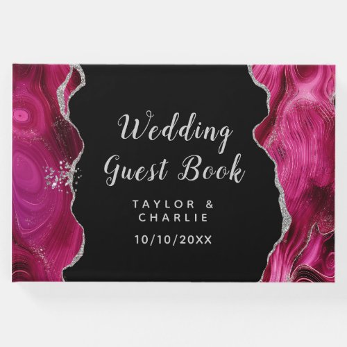 Silver and Hot Pink Agate Wedding Guest Book