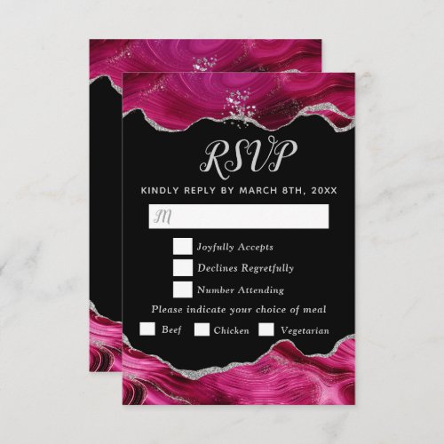 Silver and Hot Pink Agate Wedding Meal Choice RSVP Card
