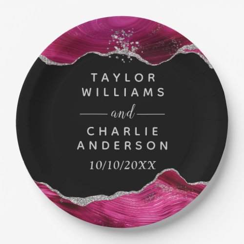 Silver and Hot Pink Agate Wedding Paper Plates