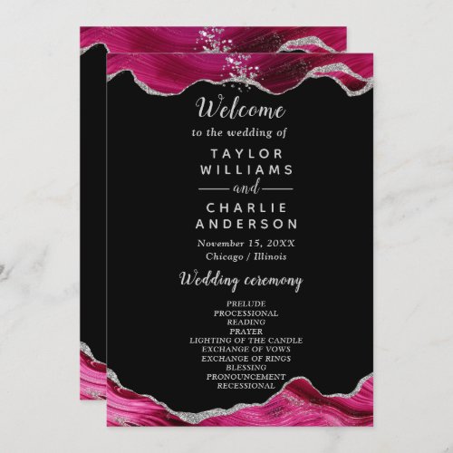 Silver and Hot Pink Agate Wedding Program