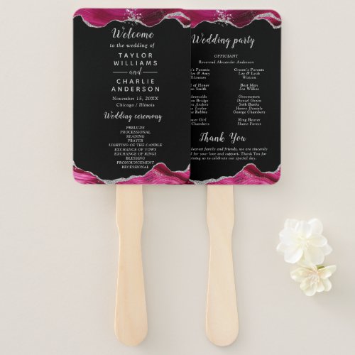 Silver and Hot Pink Agate Wedding Program Hand Fan