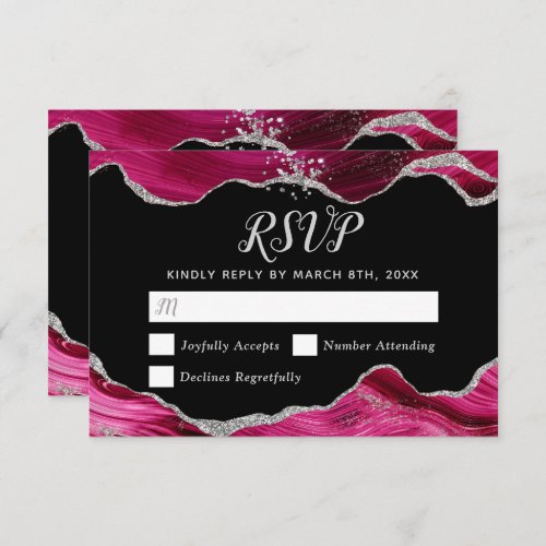 Silver and Hot Pink Agate Wedding RSVP Card