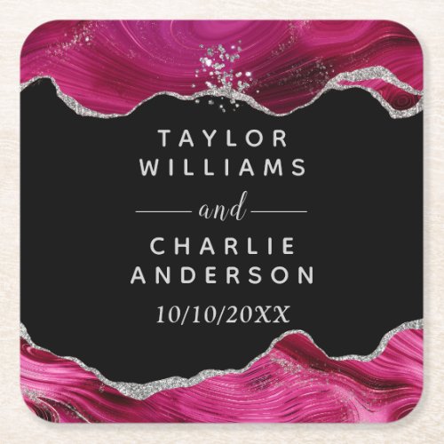 Silver and Hot Pink Agate Wedding Square Paper Coaster