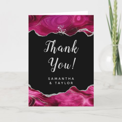 Silver and Hot Pink Agate Wedding Thank You Card