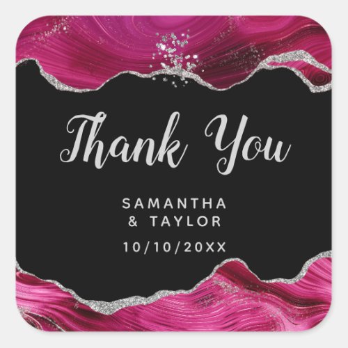 Silver and Hot Pink Agate Wedding Thank You Square Sticker